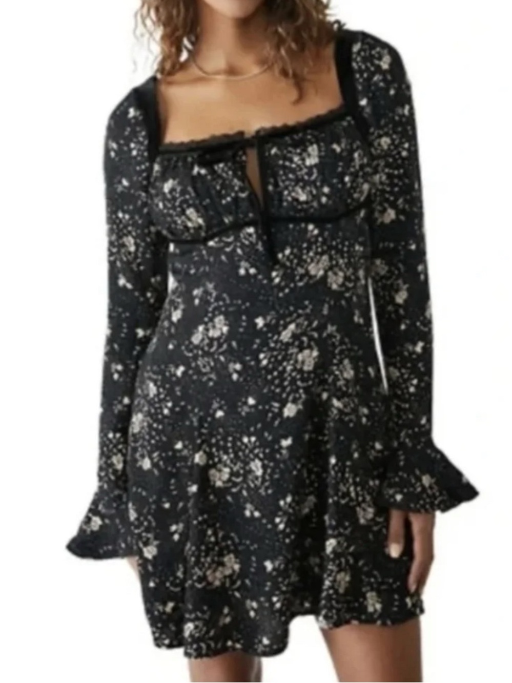 Free People Black Mini Dress with Cream Floral Print